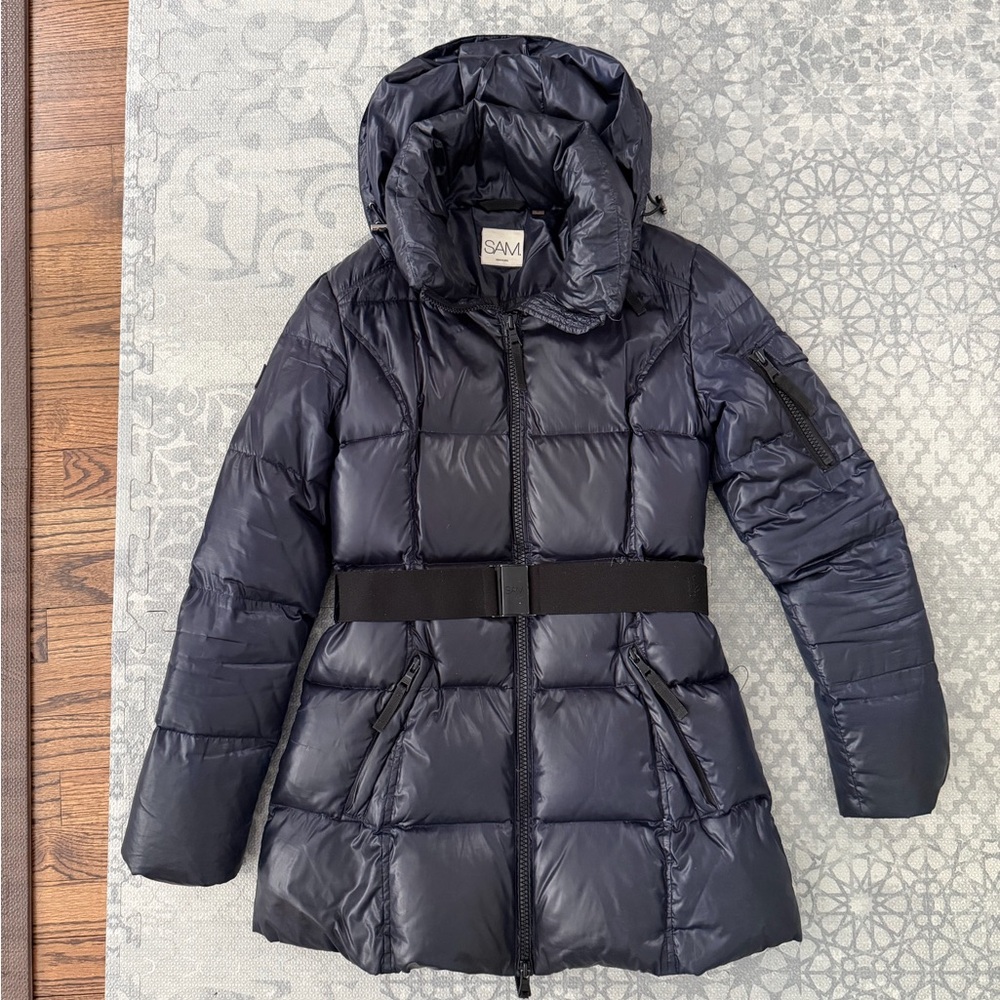 SAM. Women's Navy Puffer Jacket with Belt